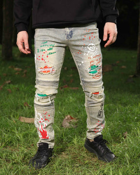 Hip-Hop Style Distressed Ripped Blue Jeans with Graffiti Style