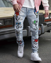 Medium Wash Slim Fit Blue Graffiti Painted Ripped Jeans