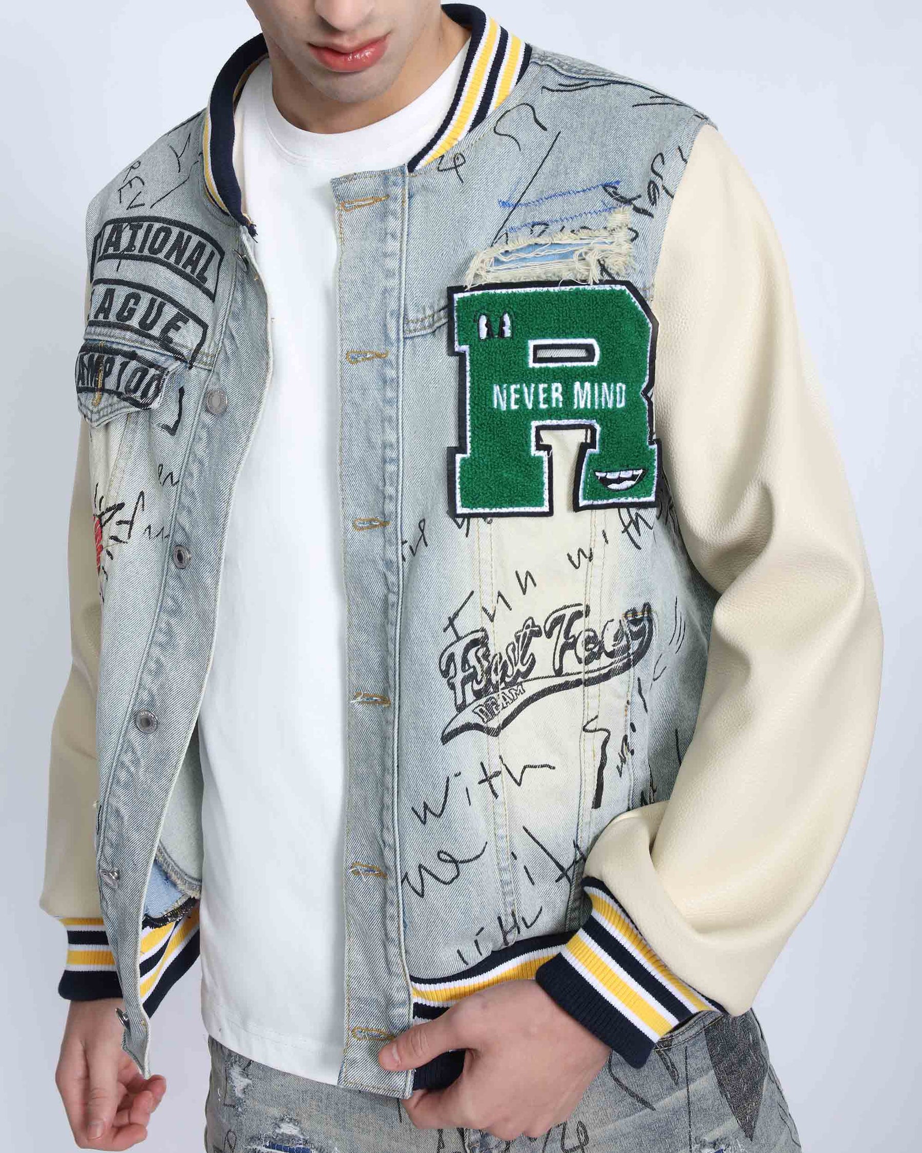 Retro Baseball Denim Jacket with Distressed Details