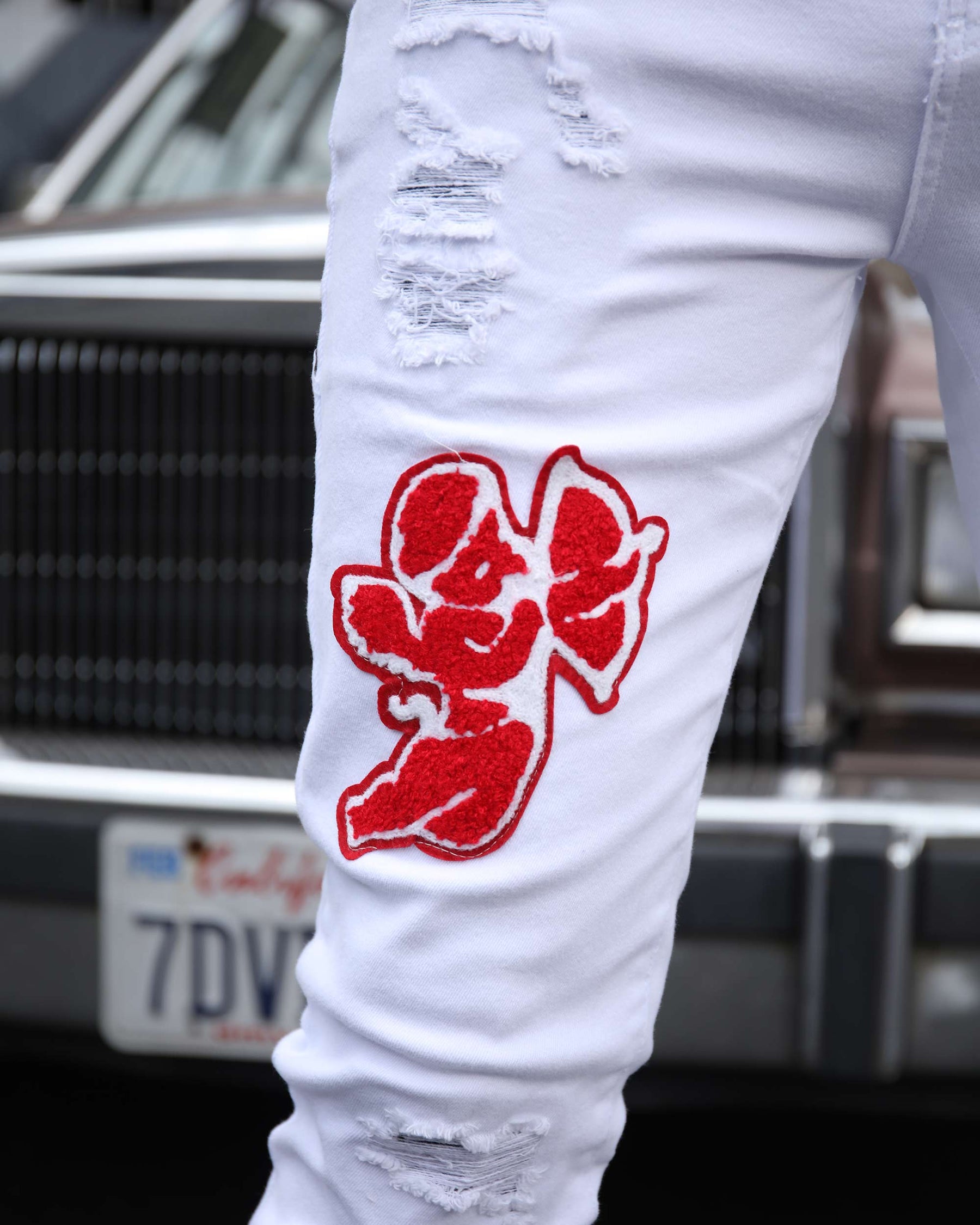 Graffiti Style White Embroidered Ripped Jeans