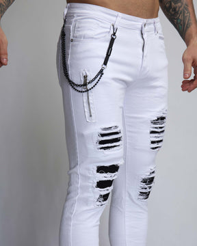 Large Ripped White Jeans with Black Patches