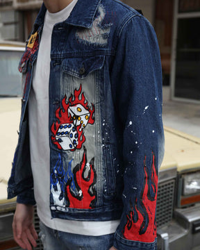 Blue Denim Jacket with Street Graffiti and Ripped