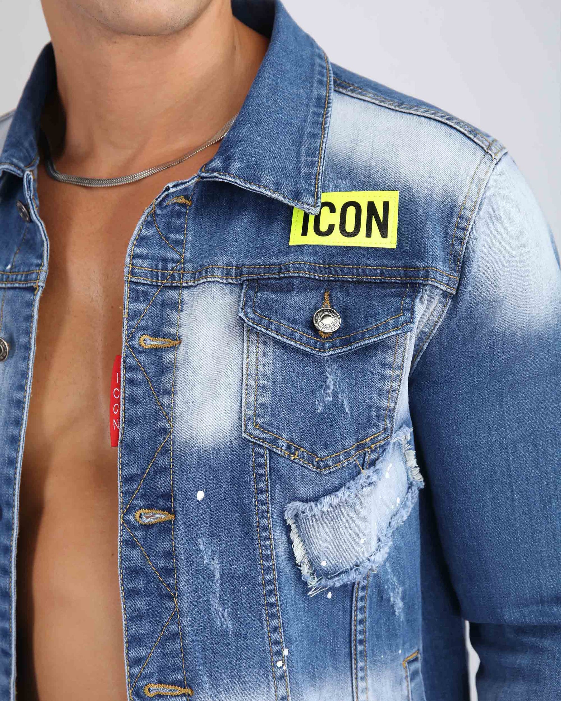 Distressed Denim Jacket with 'ICON' Patch