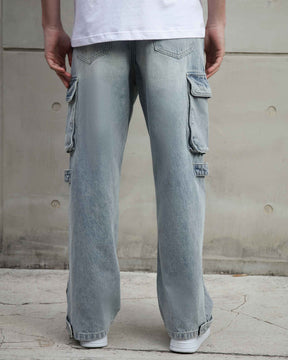 Distressed Blue Baggy Jeans with Cargo Design