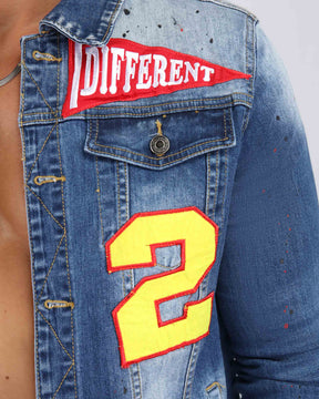 Spray Paint Blue Denim Jacket with ‘2’ Patch