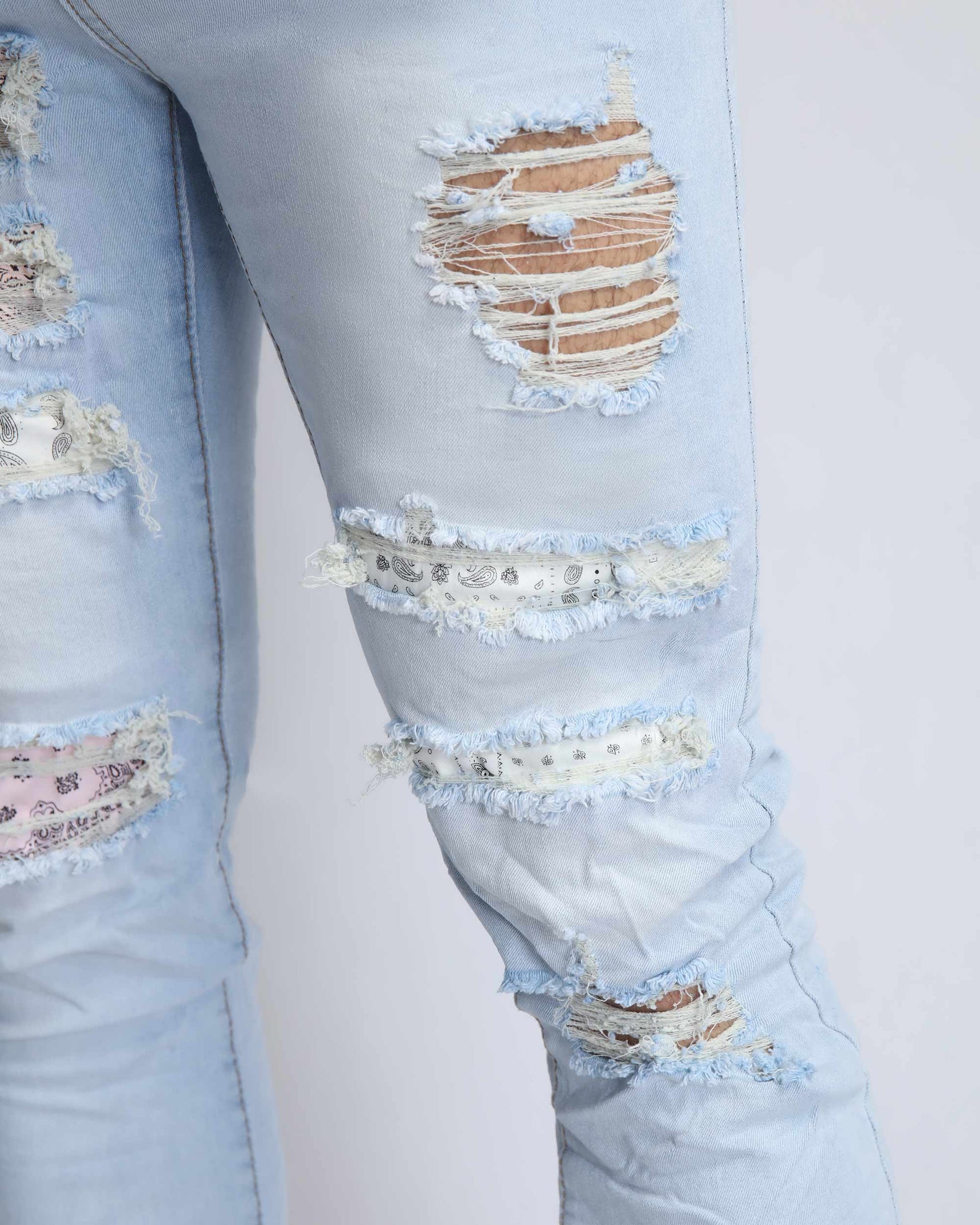 Pink Cashew Blossom Patch Blue Ripped Jeans with Light Wash