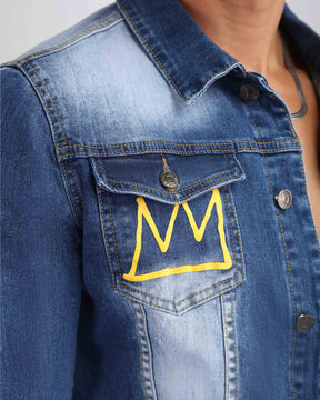 Irregular Wash Blue Denim Jacket with Crown Embroidery
