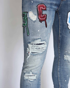 Slim Fit Blue Ripped Jeans with Patches