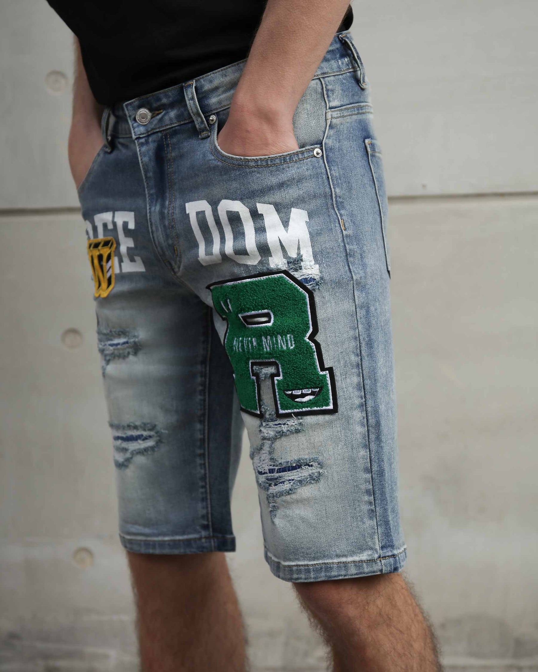 Ripped & Repaired Blue Denim Shorts with Embroidery