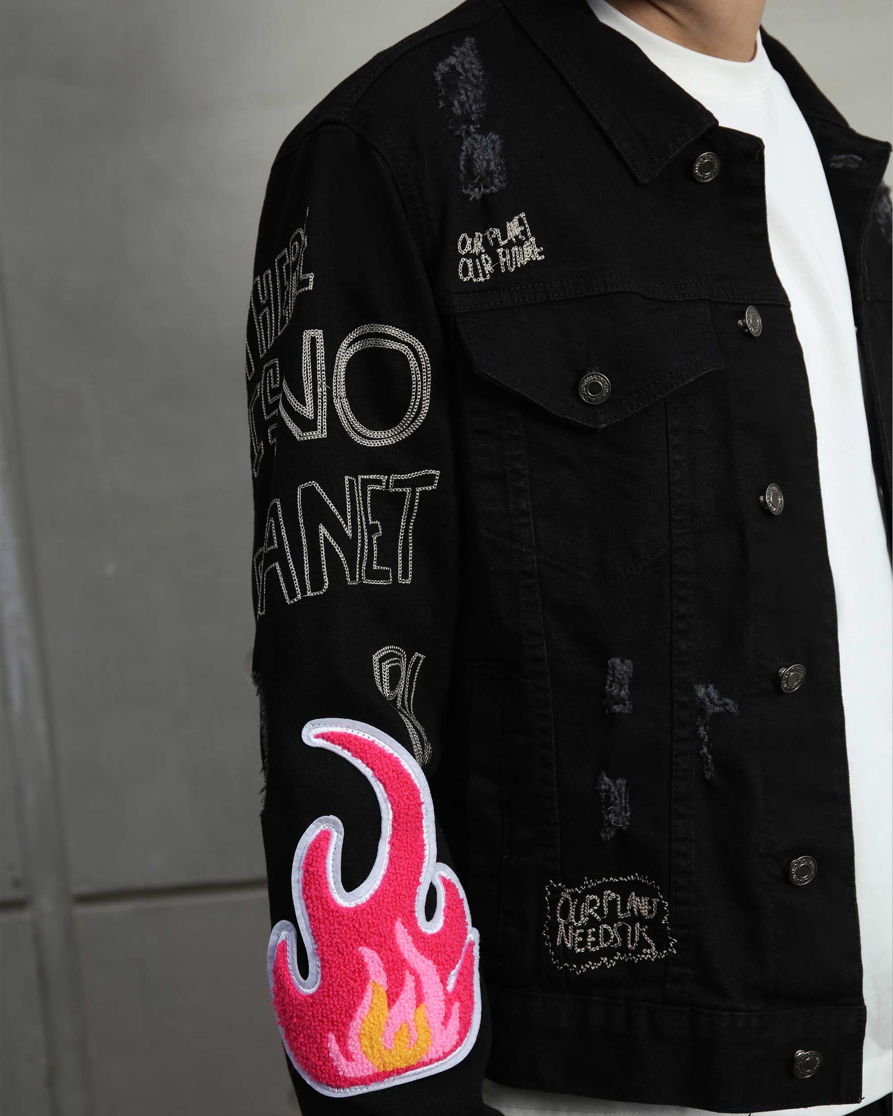 Ripped Black Denim Jacket with Embroidery and graffiti