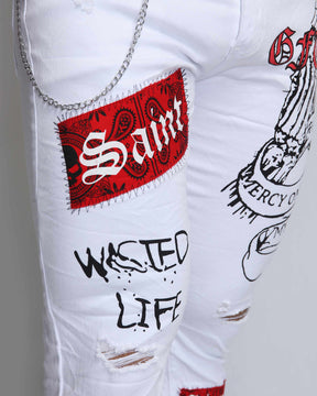 Graffiti Ripped White Jeans with Red Patches and Cashew Flower Elements