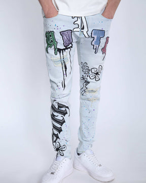 Light Washed Blue Ripped Jeans with Comic Painted