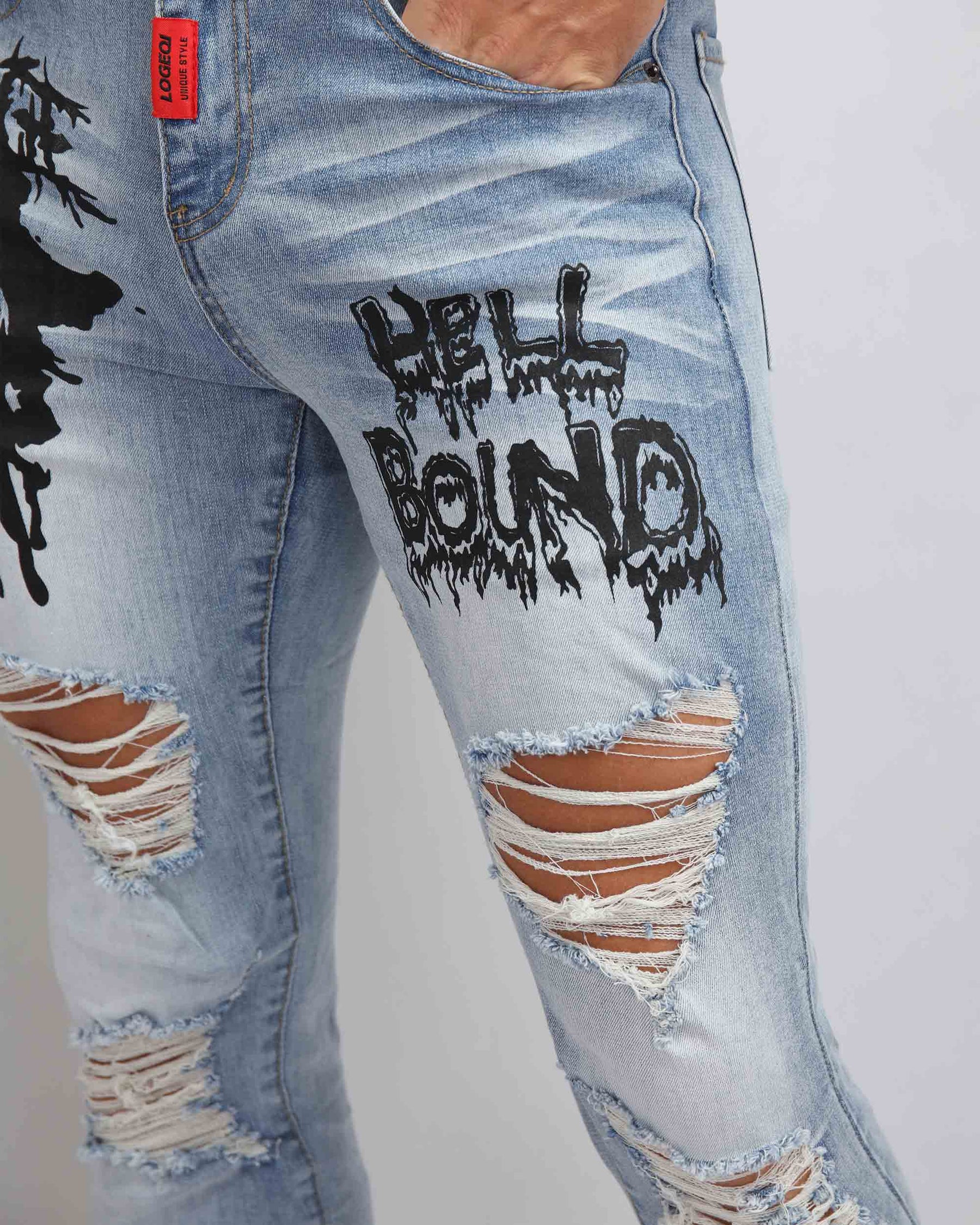 Large Ripped Blue Jeans with Skull Design