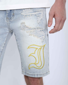 Light Wash Blue Denim Shorts with Letter Print