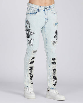 Distressed Blue Jeans with Faded Spray Painted Design