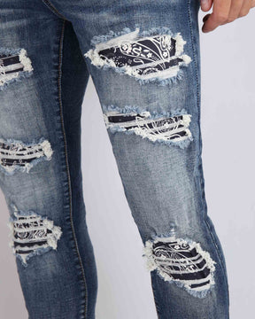 Medium Wash Ripped Blue Jeans with Cashew Flower Patch