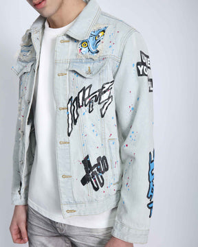 Distressed Graffiti Blue Denim Jacket with Rip & Repair