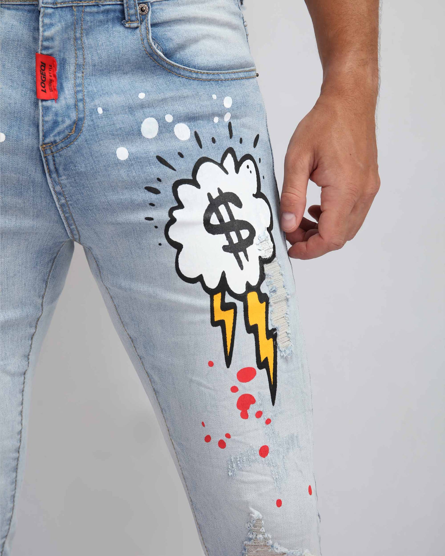 Anime-Inspired Style Light Wash Ripped Blue Jeans