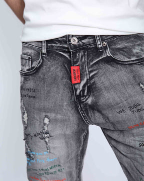 Gray Slim Fit Jeans with Graffiti Style Ripped Design