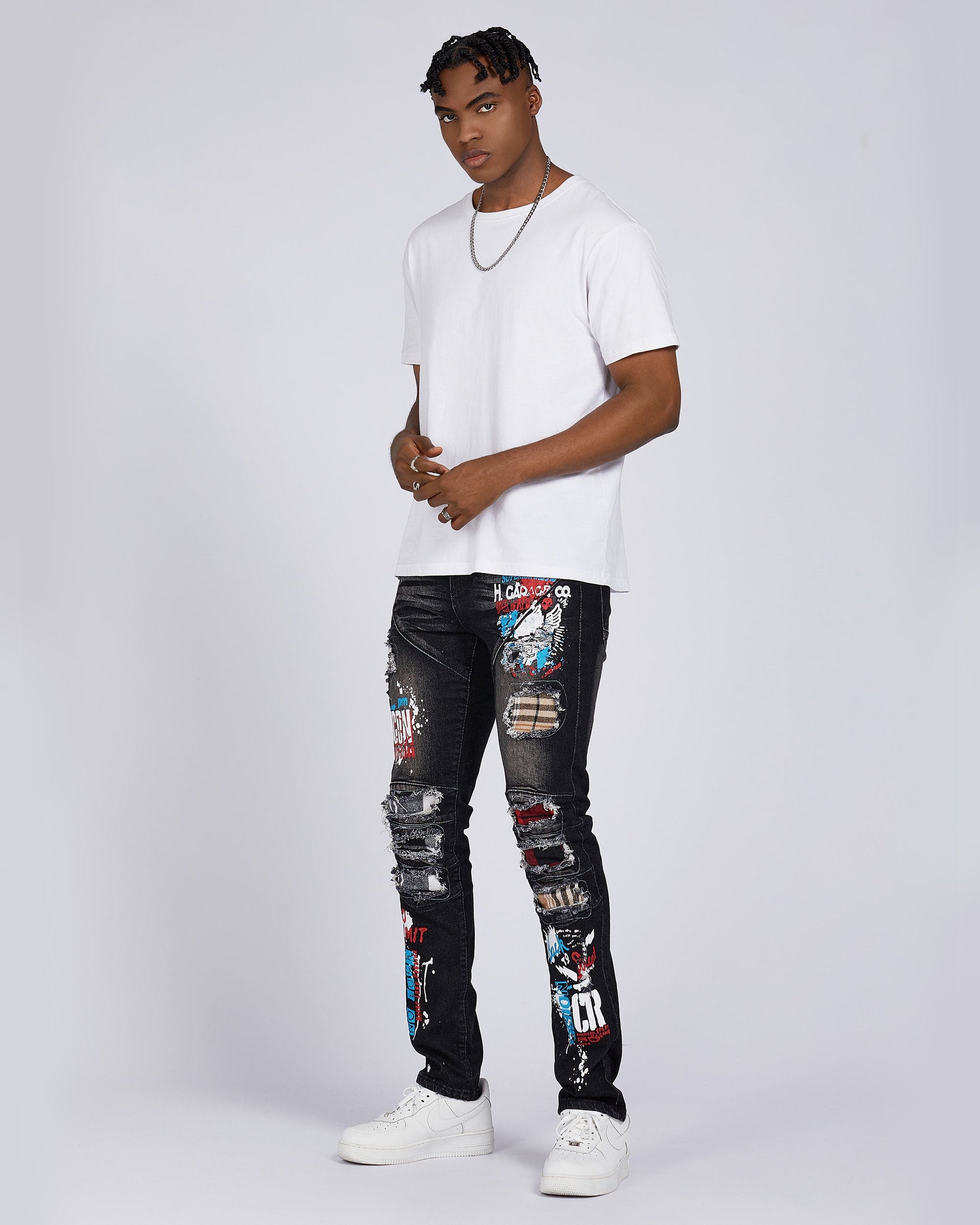 Slim Fit Rip & Repair Black Jeans with Cartoon Painted