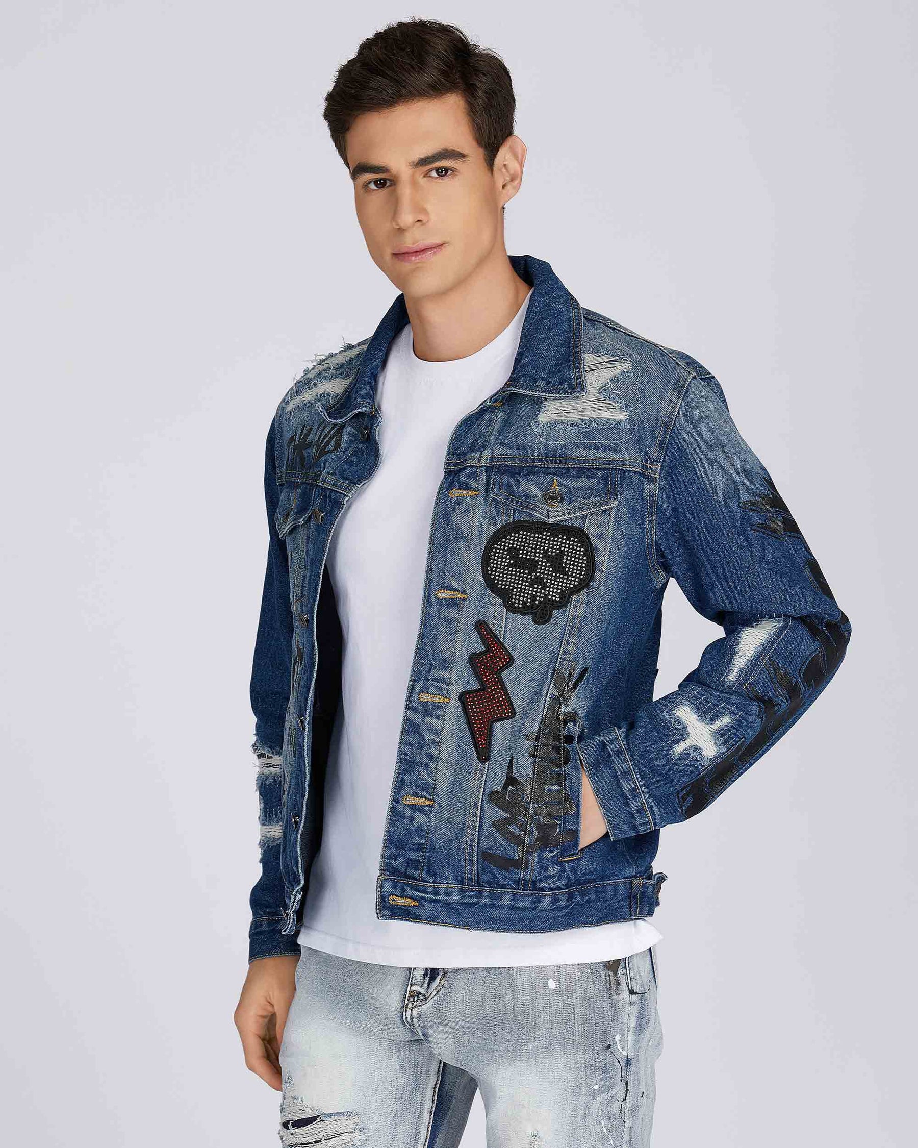 Blue Denim Jacket with Gradient Wash and Embroidery