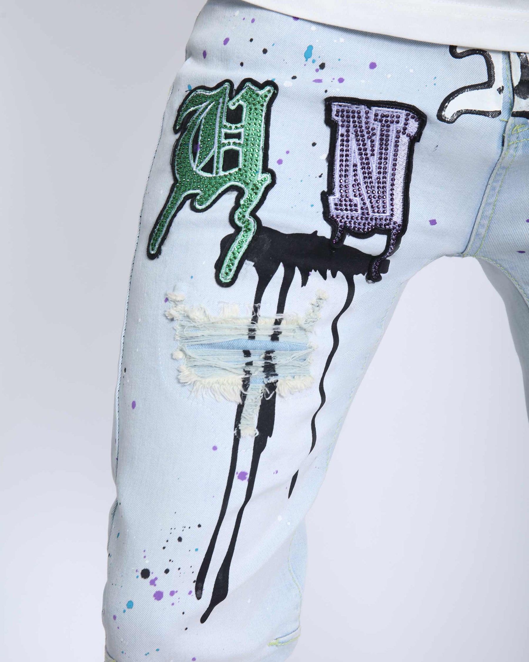 Light Washed Blue Ripped Jeans with Comic Painted