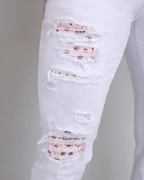 Irregular Ripped White Jeans with Pink Patches