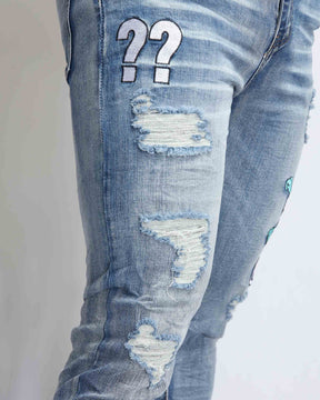 Light Wash Ripped BlueJeans with Skull Embroidered