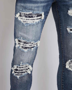 Medium Wash Ripped Blue Jeans with Cashew Flower Patch