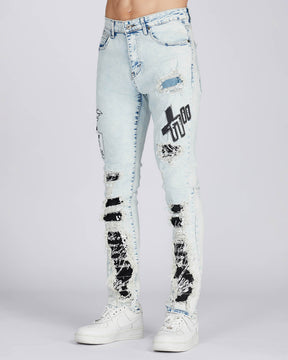 Distressed Blue Jeans with Faded Spray Painted Design