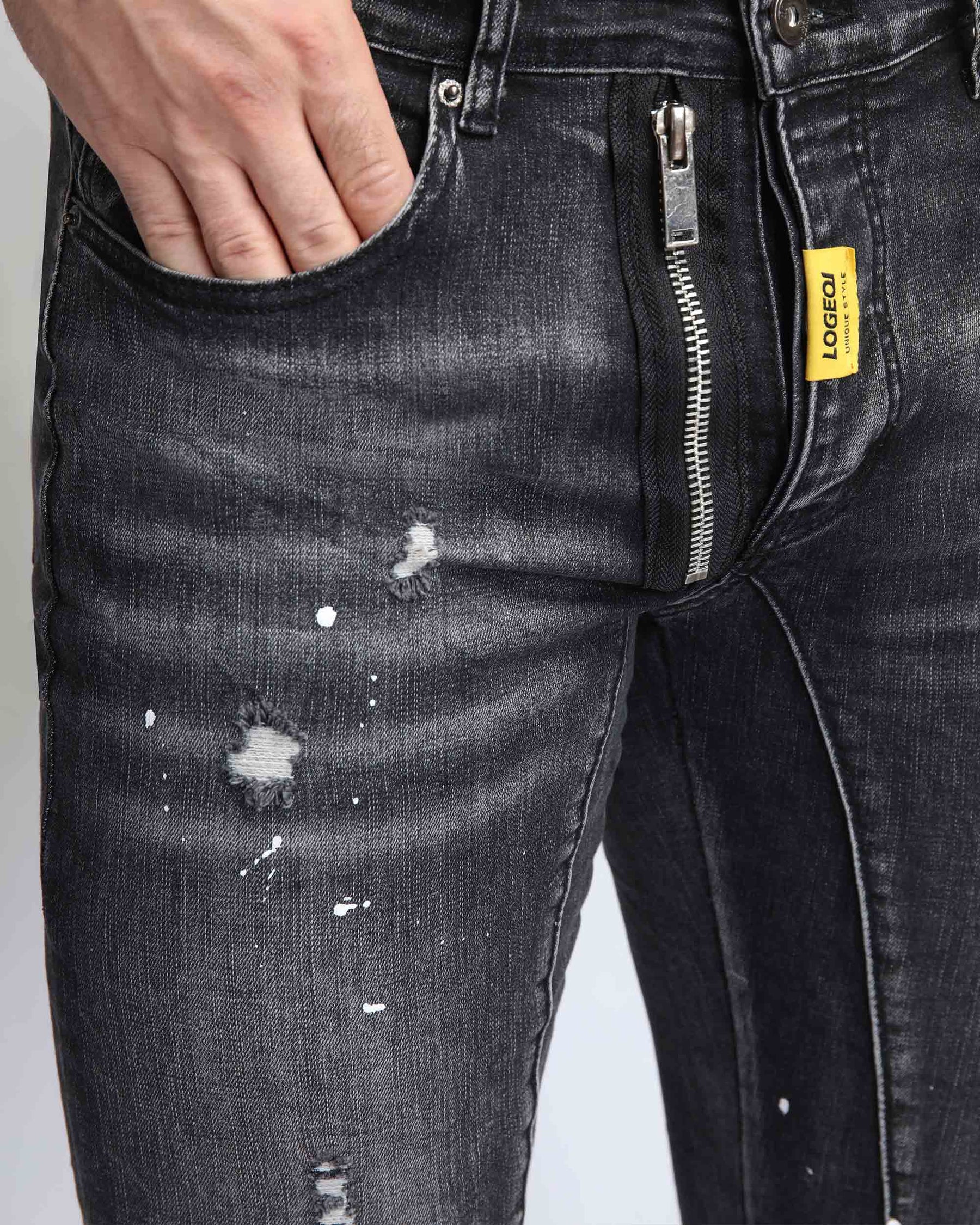 Spray Paint Ripped Black Jeans with Special Zipper Design