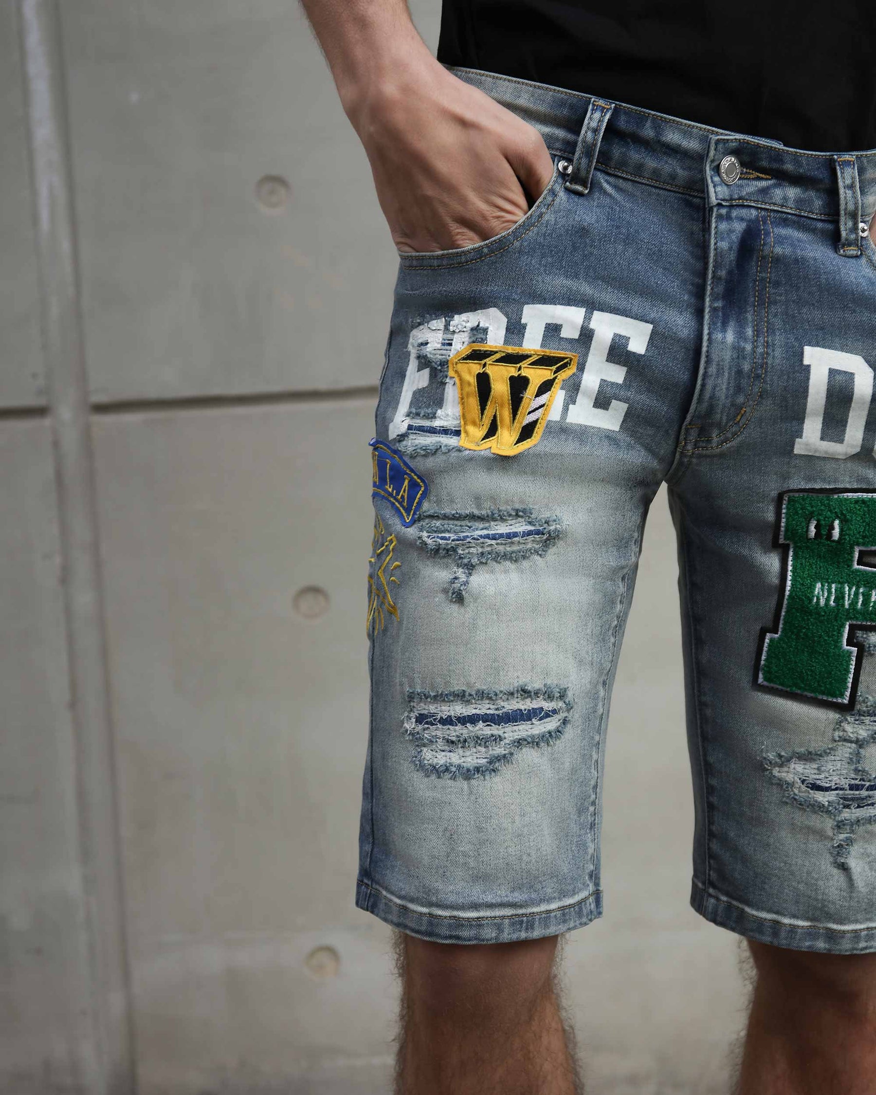 Ripped & Repaired Blue Denim Shorts with Embroidery