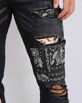 Ripped Black Jeans with Orange & Black Cashew Flowers Patch