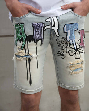Distressed Graffiti Painted Blue Denim Shorts