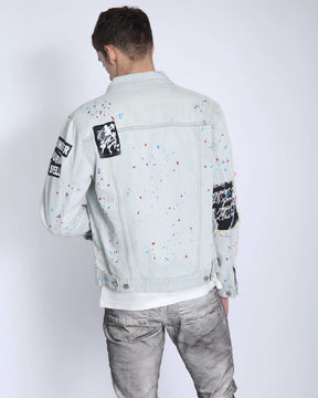 Distressed Graffiti Blue Denim Jacket with Rip & Repair