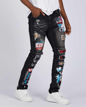 Slim Fit Rip & Repair Black Jeans with Cartoon Painted