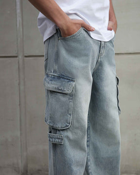 Distressed Blue Baggy Jeans with Cargo Design