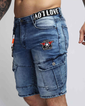 Blue Cargo Denim Shorts with Badge and Webbing Design