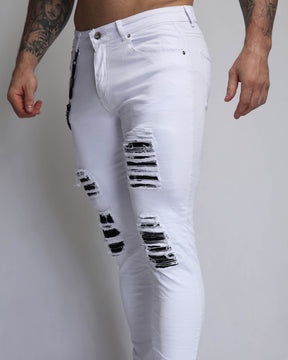 Large Ripped White Jeans with Black Patches