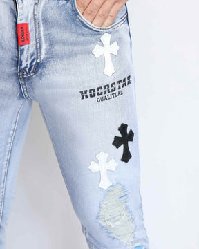 Trendy Distressed Blue Jeans with Ripped Knees & Patches