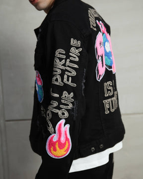 Ripped Black Denim Jacket with Embroidery and graffiti