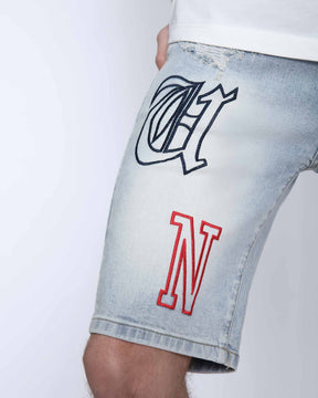 Light Wash Blue Denim Shorts with Letter Print