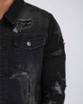 Ripped Black Denim Jacket with Star Patches