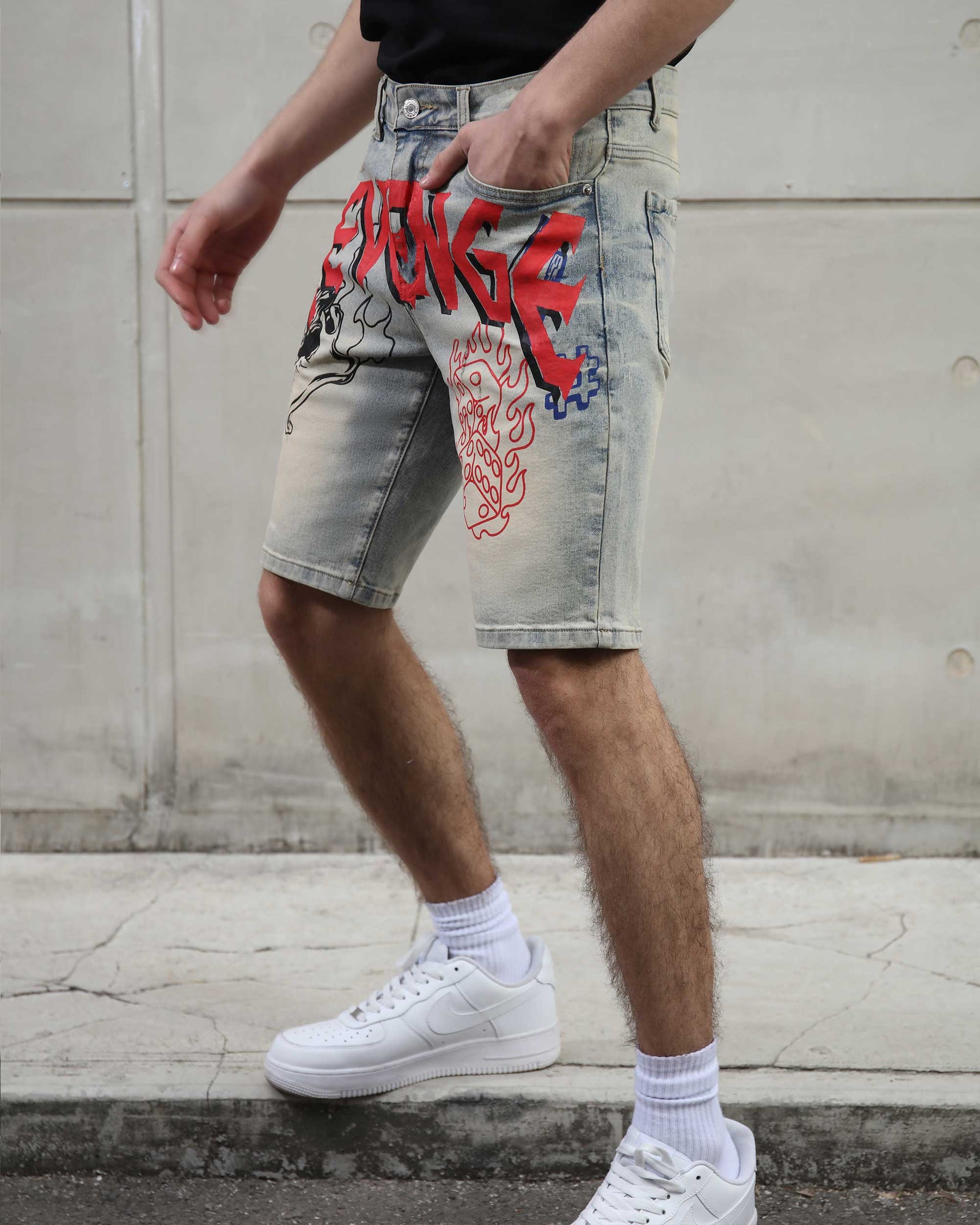 Retro Distressed Blue Denim Shorts with Street Graffiti