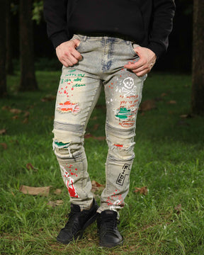 Hip-Hop Style Distressed Ripped Blue Jeans with Graffiti Style