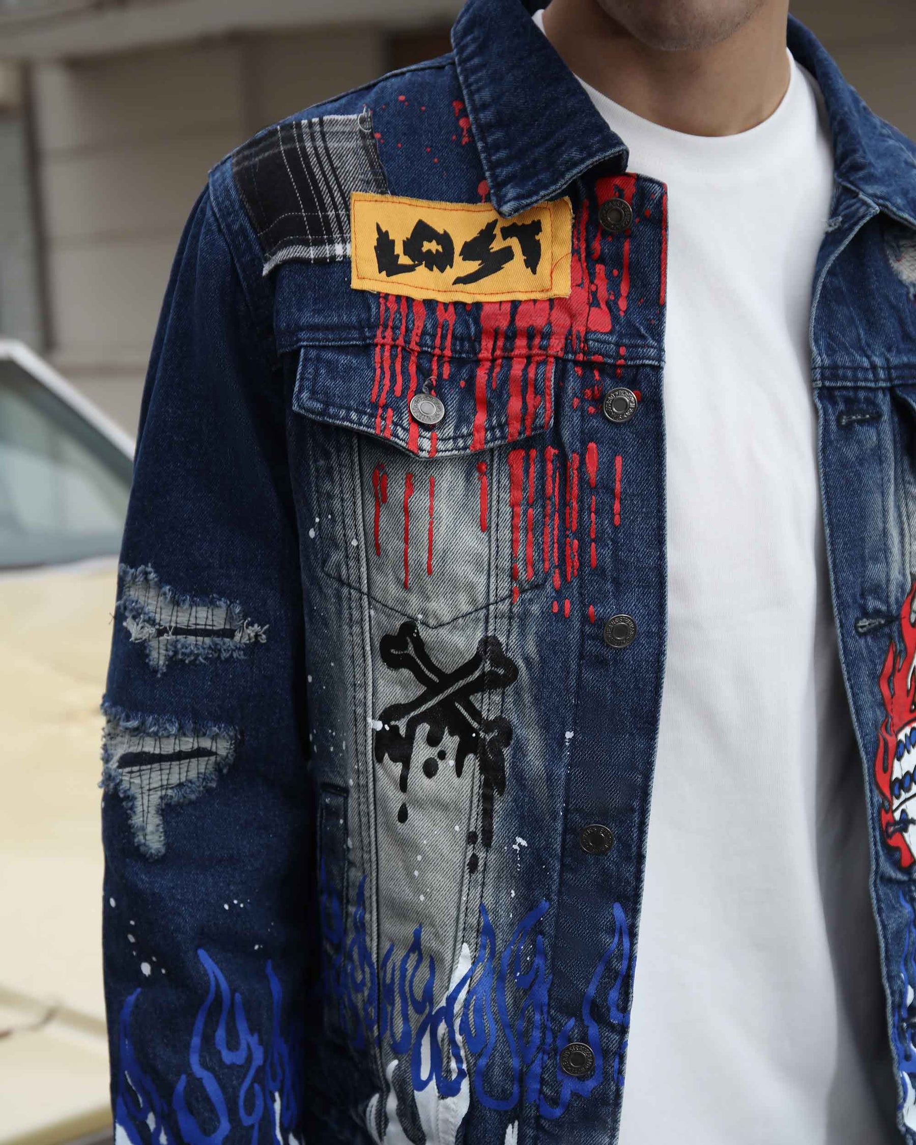 Blue Denim Jacket with Street Graffiti and Ripped