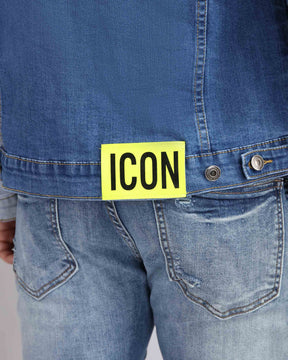 Distressed Denim Jacket with 'ICON' Patch