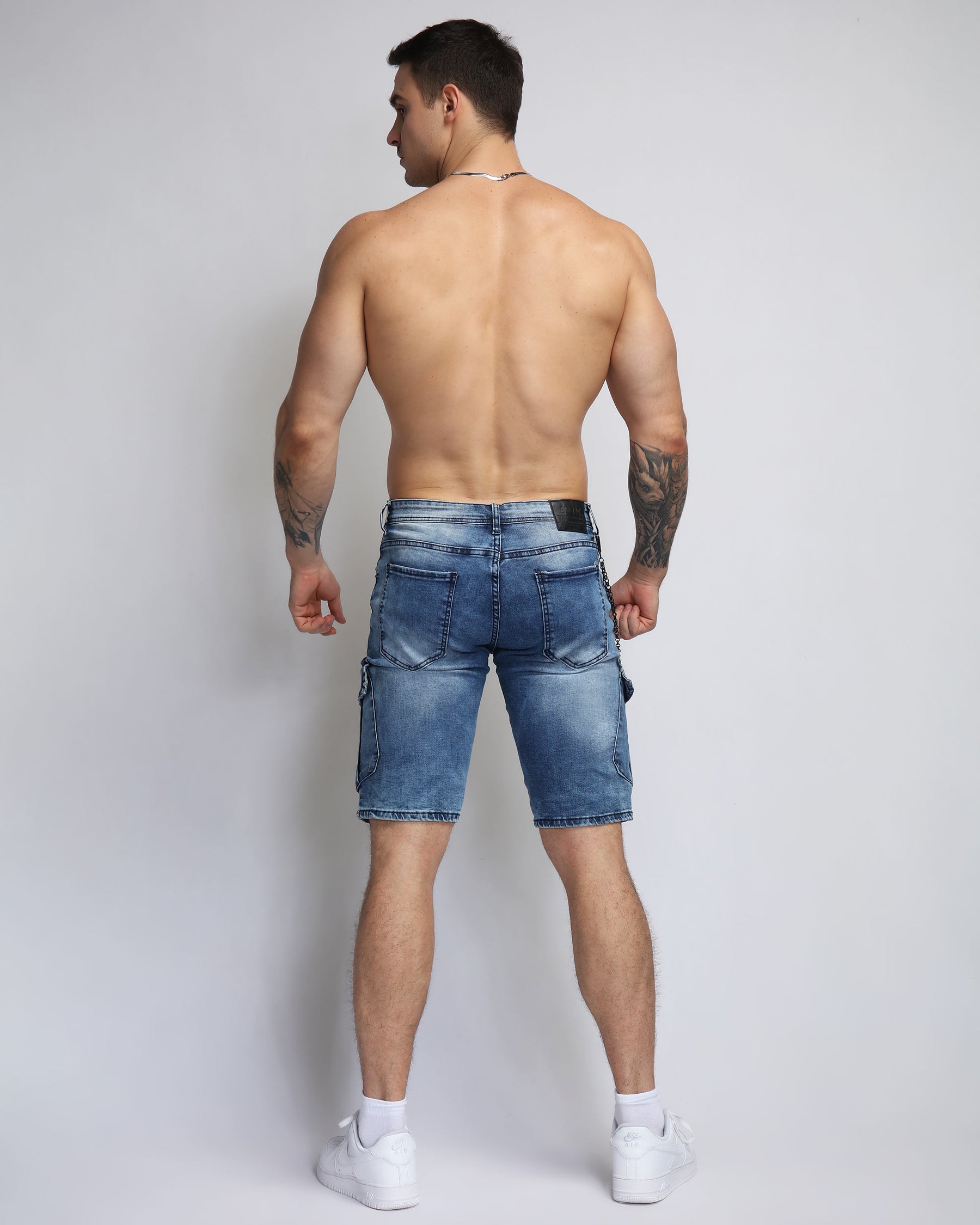 Blue Cargo Denim Shorts with Badge and Webbing Design