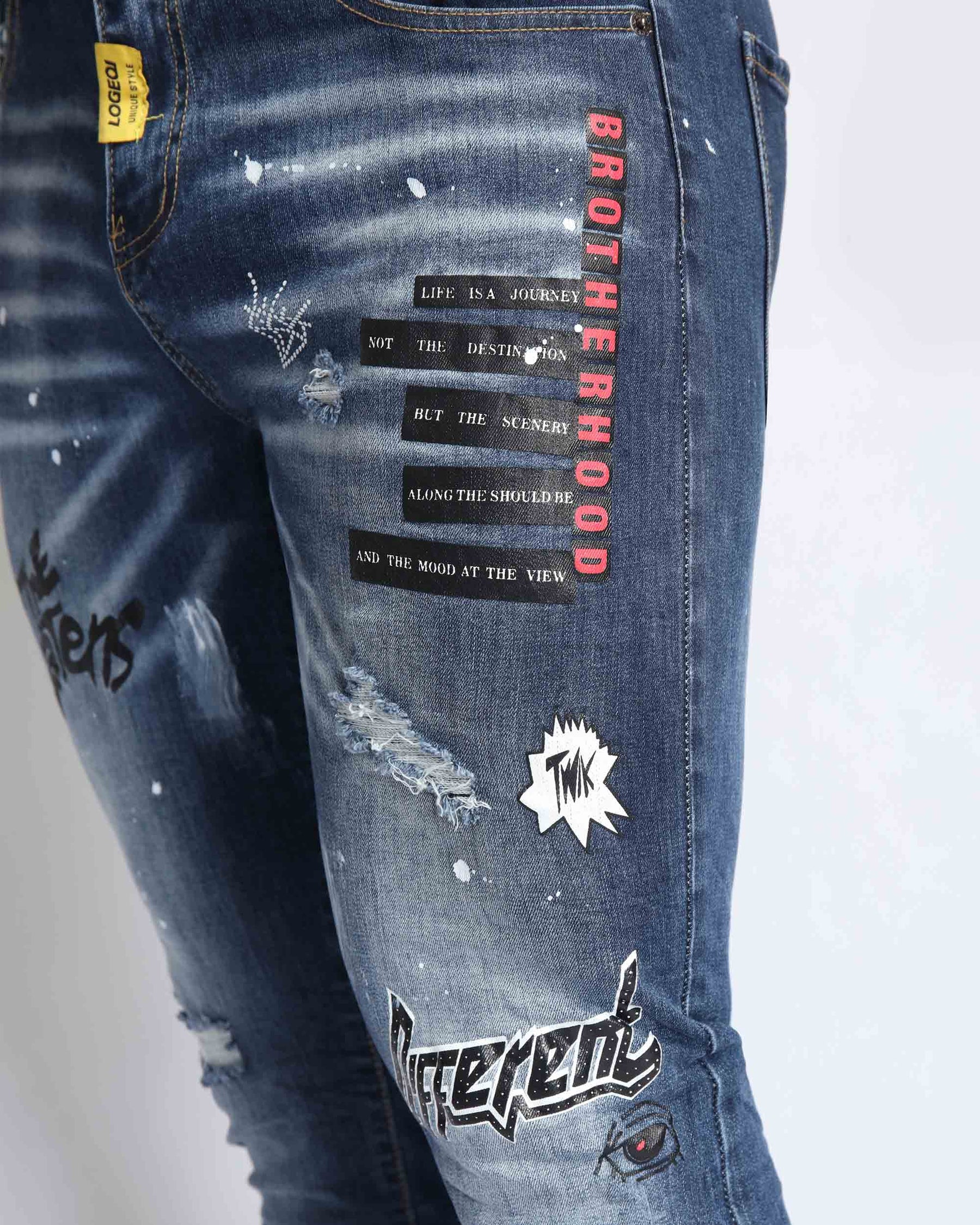 Dark Blue Ripped Jeans with Graffiti Printing