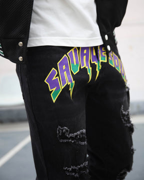 Black Graffiti Letters Ripped Slim-fit Jeans